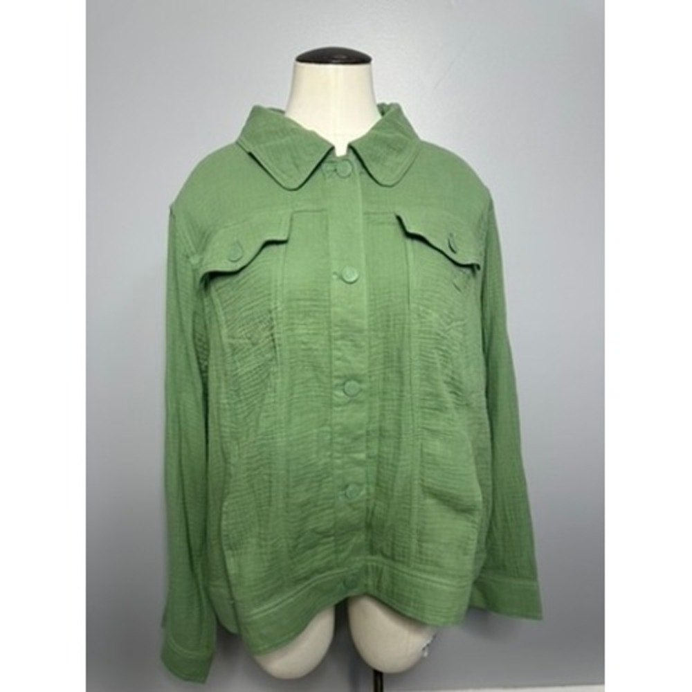 Bridgehampton Isaac Mizrahi Live Green Cotton Gauze Button Front Jacket 1X